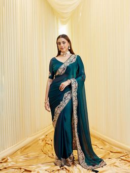 Kasee - Women Green Silk Blend Embroidered Saree with Unstitched Blouse