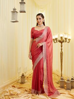 Kasee - Women Rust Embroidered Saree with Unstitched Blouse