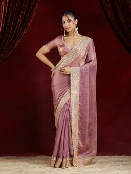 Kasee - Women Burgundy Silk Mauve Saree with Unstitched Blouse