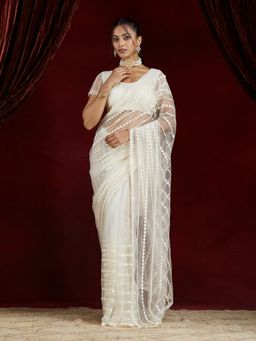 Kasee - Women White Embroidered Net Saree with Unstitched Blouse