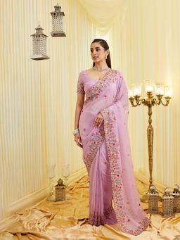 Kasee - Women Lavender Embroidered Saree with Unstitched Blouse