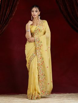 Kasee - Women Yellow Embroidered Silk Cotton Saree with Unstitched Blouse