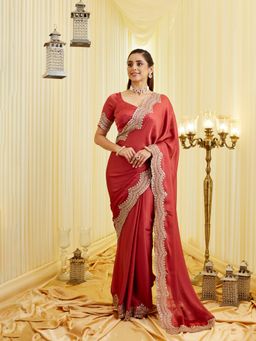Kasee - Women Rust Embroidered Saree with Unstitched Blouse