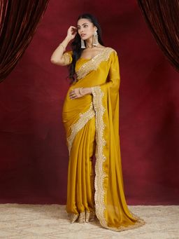 Kasee - Women Mustard Embroidered Satin Saree with Unstitched Blouse
