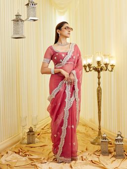 Kasee - Women Pink Embroidered Saree with Unstitched Blouse