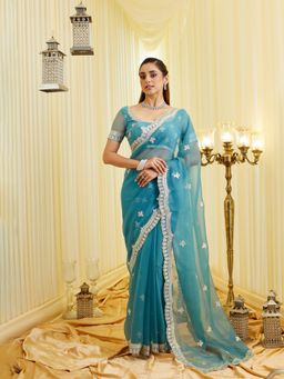 Kasee - Women Blue Embroidered Saree with Unstitched Blouse