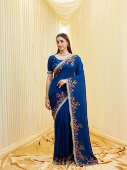 Kasee - Women Blue Silk Blend Floral Embroidered Saree with Unstitched Blouse