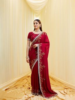Kasee - Women Silk Blend Floral Embroidered Saree with Unstitched Blouse