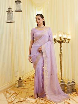 Kasee - Women Lavender Embroidered Saree with Unstitched Blouse