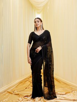 Kasee - Women Black Pure Georgette Floral Embroidered Saree with Unstitched Blouse