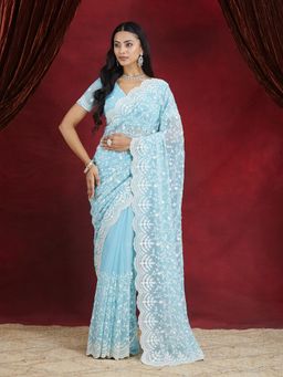 Kasee - Women Blue Chiffon Saree with Unstitched Blouse