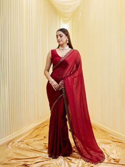 Kasee - Women Maroon Chiffon Stone Embellished Saree with Unstitched Blouse