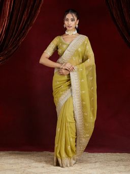 Kasee - Women Olive Green Silk Zari Embroidered Saree with Unstitched Blouse