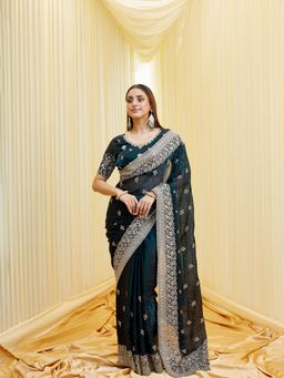 Kasee - Women Embroidered Silk Blend Saree with Unstitched Blouse