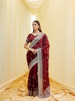 Kasee - Women Wine Embroidered Silk Blend Saree with Unstitched Blouse