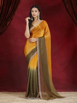 Kasee - Women Yellow Ombre Embellished Saree with Unstitched Blouse