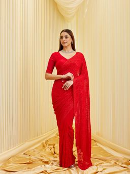 Kasee - Women Red Floral Embroidered Georgette Saree with Unstitched Blouse