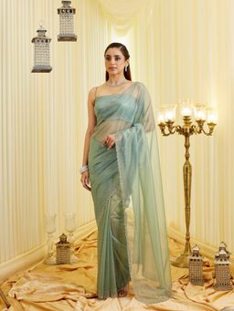 Kasee - Women Teal Embellished Super Net Saree with Unstitched Blouse