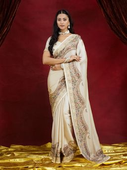 Kasee - Women Cream Chiffon Saree with Unstitched Blouse