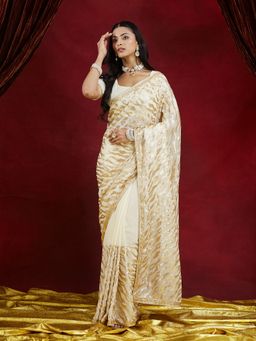 Kasee - Women Cream Gold Foil Zebra Pattern Saree with Unstitched Blouse