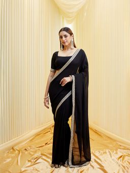 Kasee - Women Silk Blend Black Saree with Unstitched Blouse