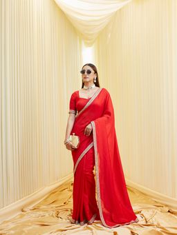 Kasee - Women Silk Blend Red Saree with Unstitched Blouse