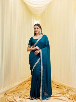 Kasee - Women Silk Blend Teal Saree with Unstitched Blouse