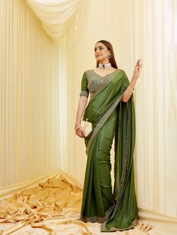 Kasee - Women Silk Blend Green Saree with Unstitched Blouse
