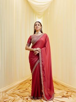 Kasee - Women Silk Blend Rust Saree with Unstitched Blouse
