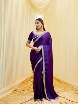 Kasee - Women Silk Blend Embroidered Purple Saree with Unstitched Blouse