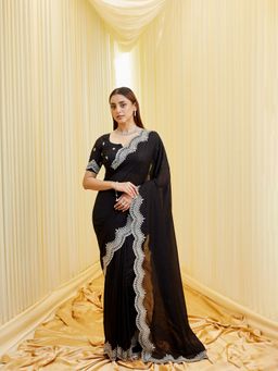 Kasee - Women Silk Blend Embroidered Black Saree with Unstitched Blouse