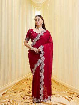 Kasee - Women Silk Blend Embroidered Wine Saree with Unstitched Blouse