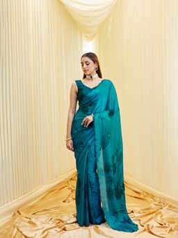 Kasee - Women Silk Chiffon Floral Embroidered Saree with Unstitched Blouse