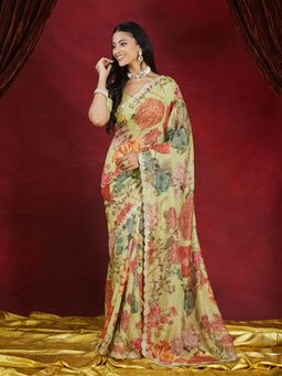 Kasee - Women Pista Green Organza Saree with Unstitched Blouse