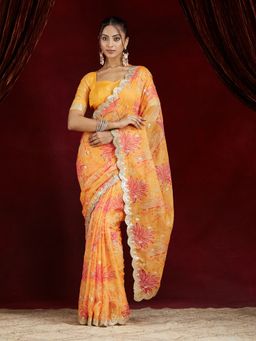 Kasee - Women Orange Organza Saree with Unstitched Blouse