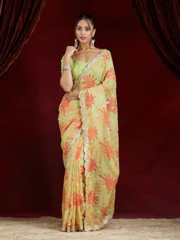 Kasee - Women Light Green Organza Saree with Unstitched Blouse