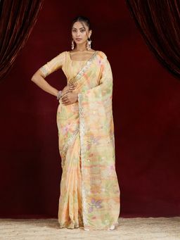 Kasee - Women Yellow Floral Printed Organza Saree with Unstitched Blouse