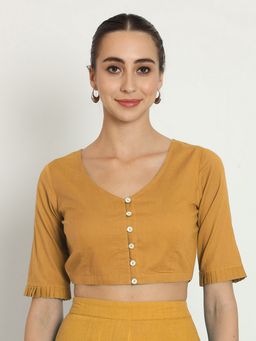 Thevasa - Women V-Neck Mustard Stitched Blouse