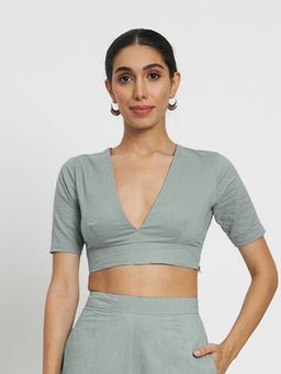 Thevasa - Women V-Neck Grey Stitched Blouse