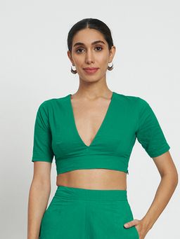 Thevasa - Women V-Neck Green Stitched Blouse