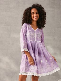 ISHIN - Comfy Lavender Cotton Embroidered Fit and Flare Dress