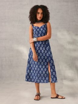 ISHIN - Graceful Indigo Cotton Printed Regular Fit Dress