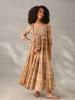 ISHIN - Graceful Brown Cotton Printed with Embroidered Fit and Flare Gown