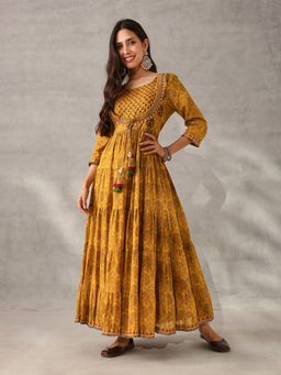 ISHIN - Graceful Mustard Cotton Printed with Embroidered Fit and Flare Gown