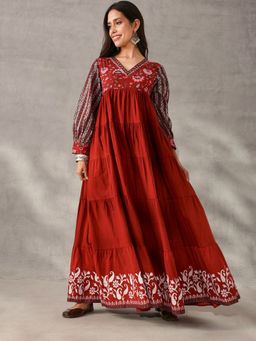 ISHIN - Graceful Mustard Cotton Floral Printed Tiered Fit Gown