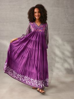 ISHIN - Graceful Lavender Cotton Floral Printed Tiered Fit Gown