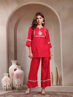Indibelle - Solid Pink Silk Blend Embroidery Co-Ord Set