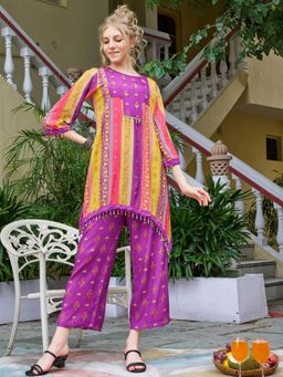 KAFTANIZE - Purple Floral Printed Embellished with Beads Co-Ord Set