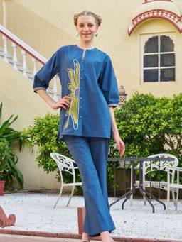 KAFTANIZE - Blue Color Floral Embroidered Co-Ord Set