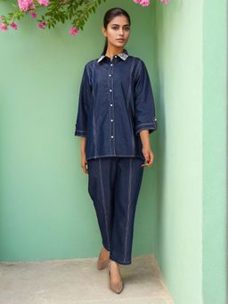 KAFTANIZE - Navy Blue Pearl Embroidered Collar Co-Ord Set